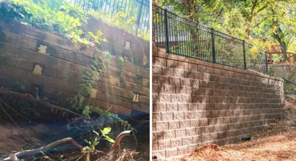 Side-by-side before and after of a rotting timber retaining wall rebuilt in block