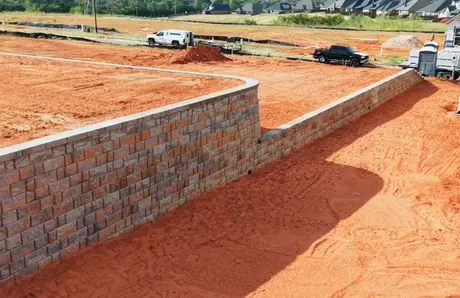 Curved segmental block retaining wall holding a graded homesite pad in red clay