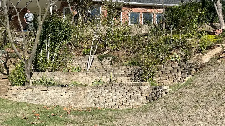 Old failing retaining wall terraces overgrown on a hillside before rebuild